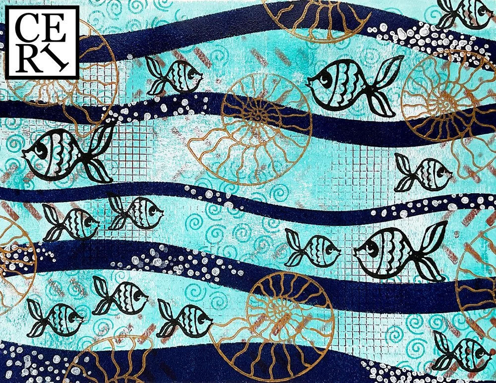 June 2025, "Indigo, Turquoise and Burnt Ochre", with a mark making element: Spirals. 