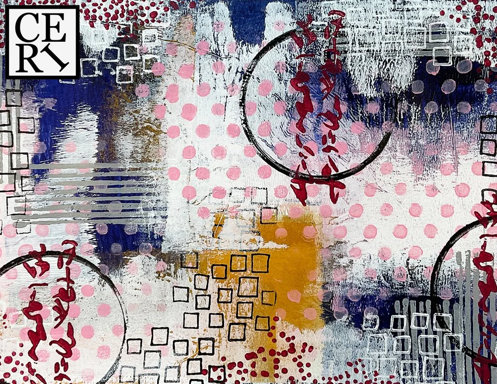 December 2024, "Coral Pink, Silver Grey and Sailor Blue", with an added mark making Dots.