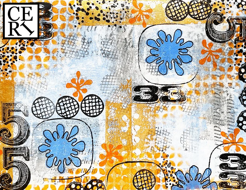 May 2026, Glacier Grey, Autumn Glory and Baby Blue with a mark making element of Splatters.