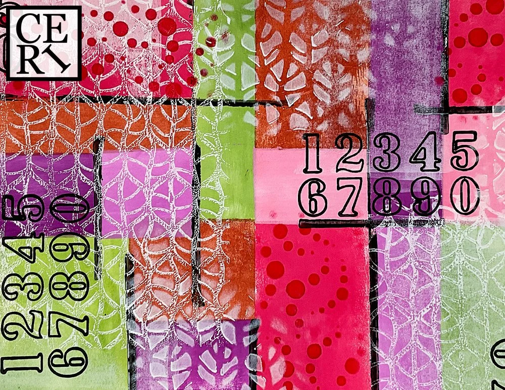 March 2023, Dark Red, Green and Deep Violet with a mark making element of Leaves and Numbers.