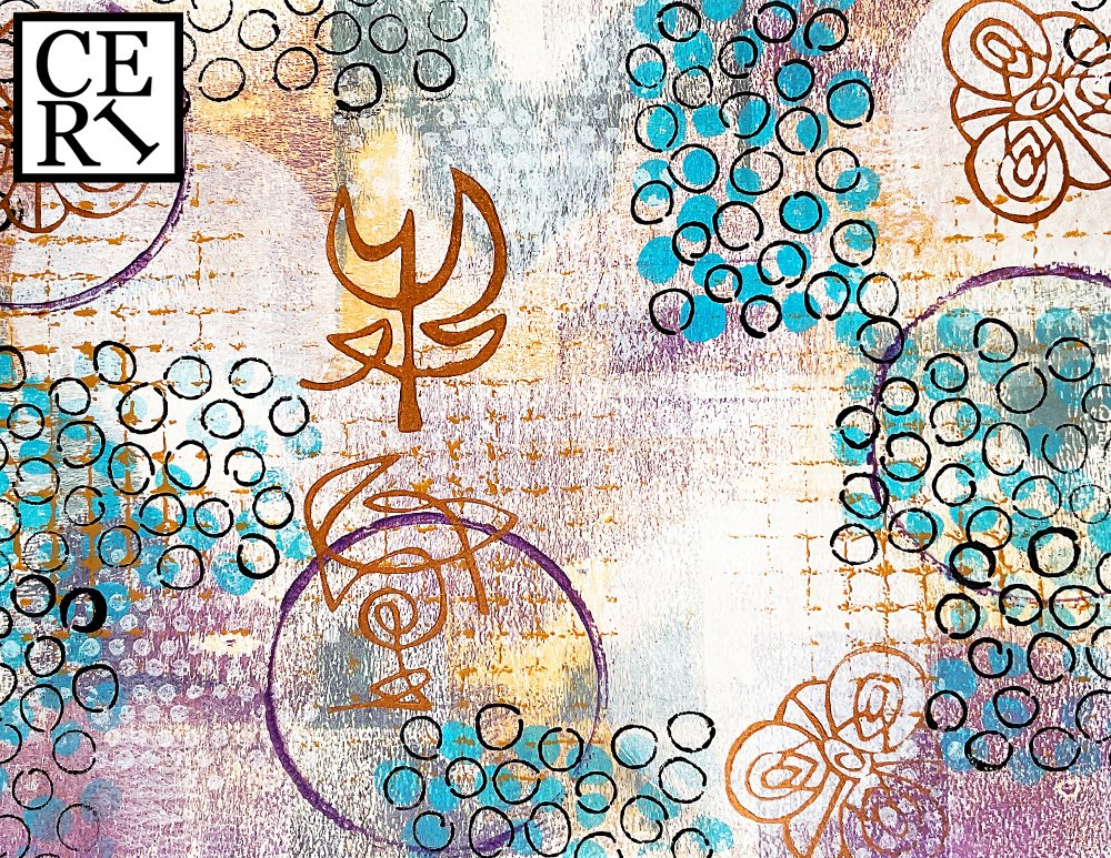 February 2025, "Iced Coffee, Heliotrope and Gulf stream", with a mark making element: Circles. 