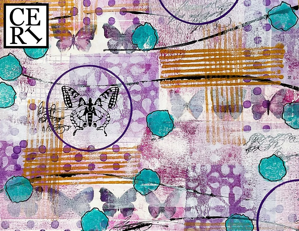 January 2025, "Purple, Turquoise and Festive Fuchsia", with a mark making element: Grid. 