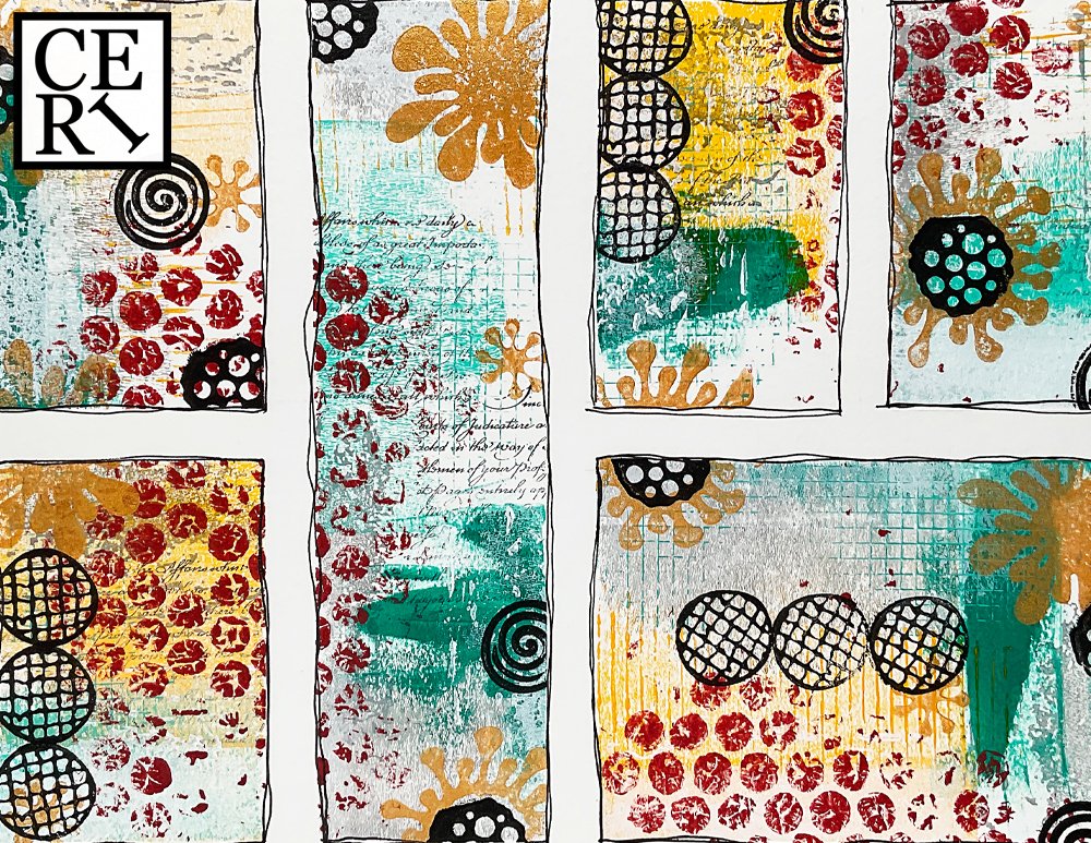 October 2024, "Terracotta, Jade Green and Radiant Yellow", with an added mark making Circular patterns 