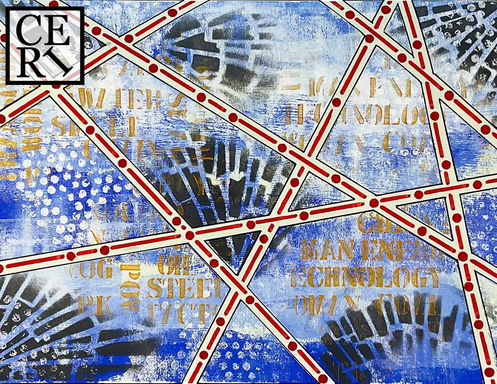 March 2026, Crimson, Serene Green and Amparo Blue with a mark making element of Dot Dash Dot.