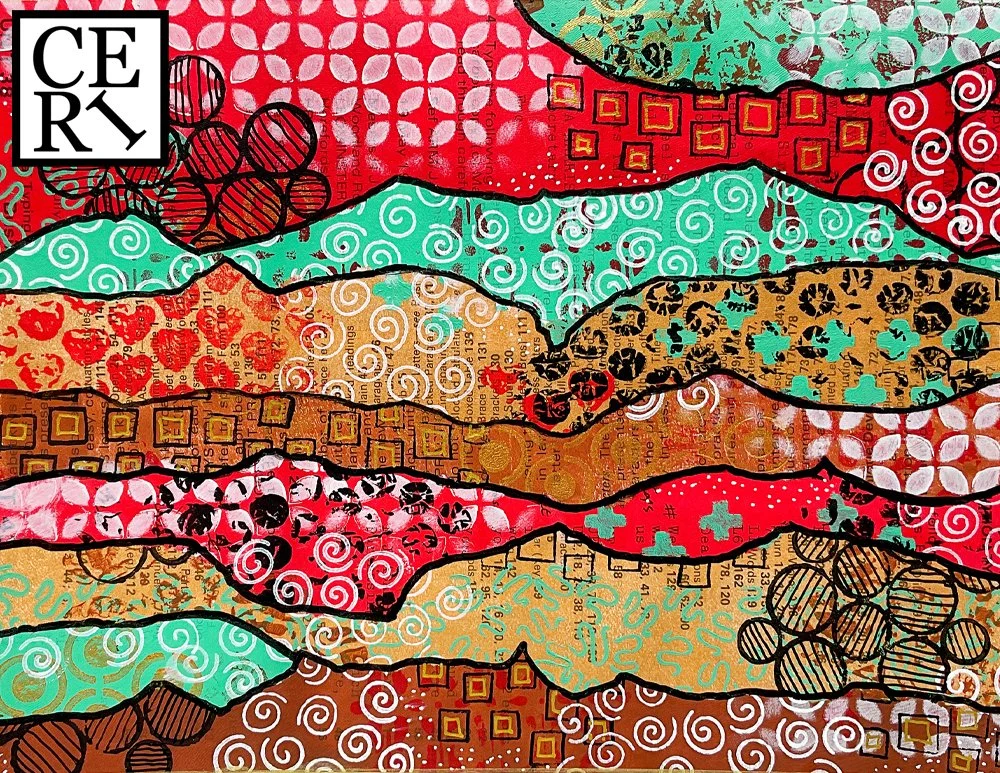 November 2024, "Poppy Red, Shaved Chocolate and Mint Green", with an added mark making Pattern.