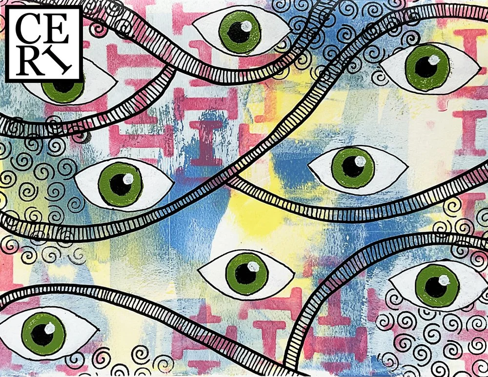 August 2026, "Bluebell, Chateaux Rose and Pastel Yellow" with a mark making element of Eyes. 