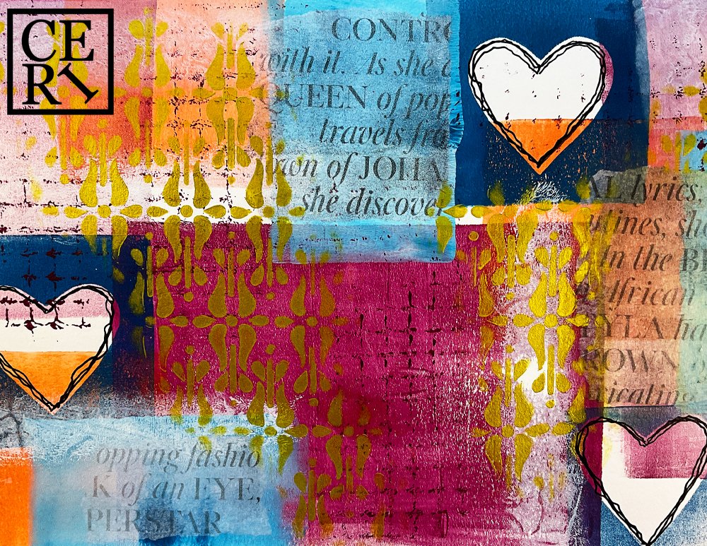 February 2026, Pomegranate, Dragonfly and Harvest Pumpkin with a mark making element of Hearts.