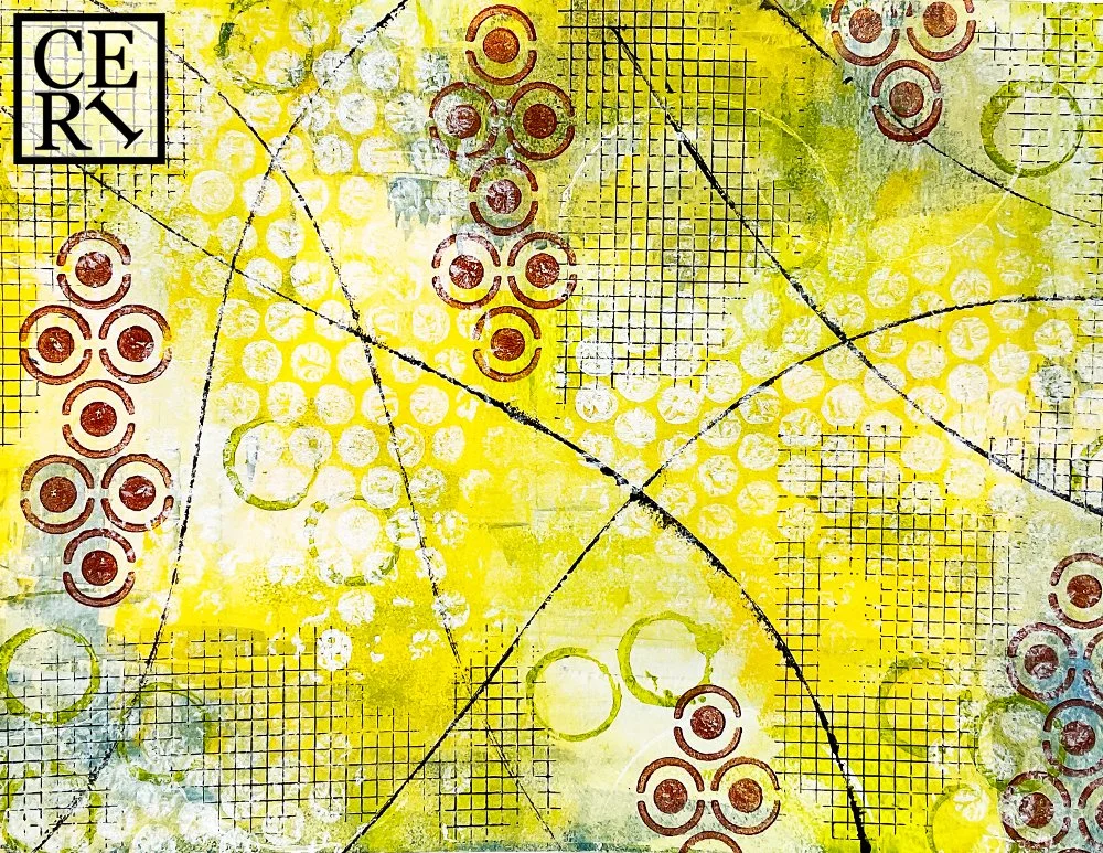 February 2023, Prussian Blue, Yellow and Light Olive Green with a mark making element of Lines and Circles.
