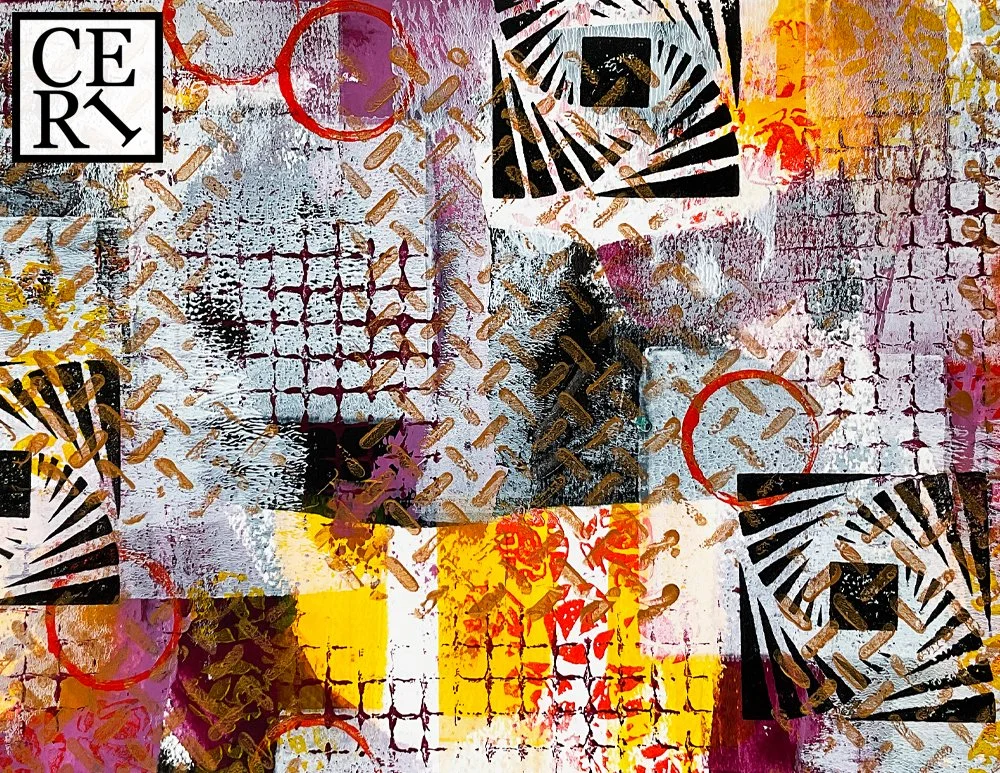 October 2023, "Burgundy, Orange and Cadmium Deep Yellow Hue" with a mark making element of Grid.