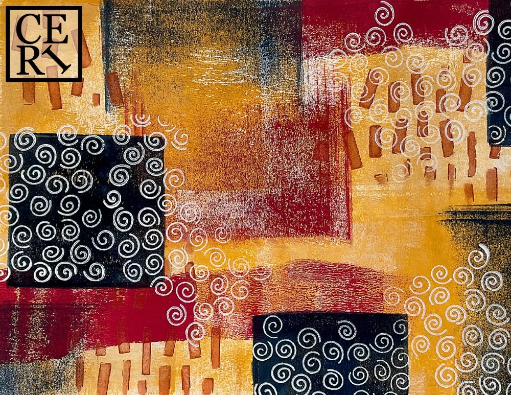 November 2022, Navy, Tuscan Red and Indian Yellow with a mark making element of Spirals.