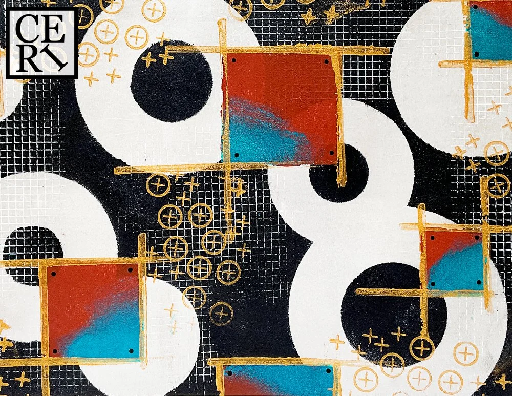 May 2023, Paynes Grey, Silver, Red Iron Oxide and Turquoise with a mark making element of Lines and Circles..