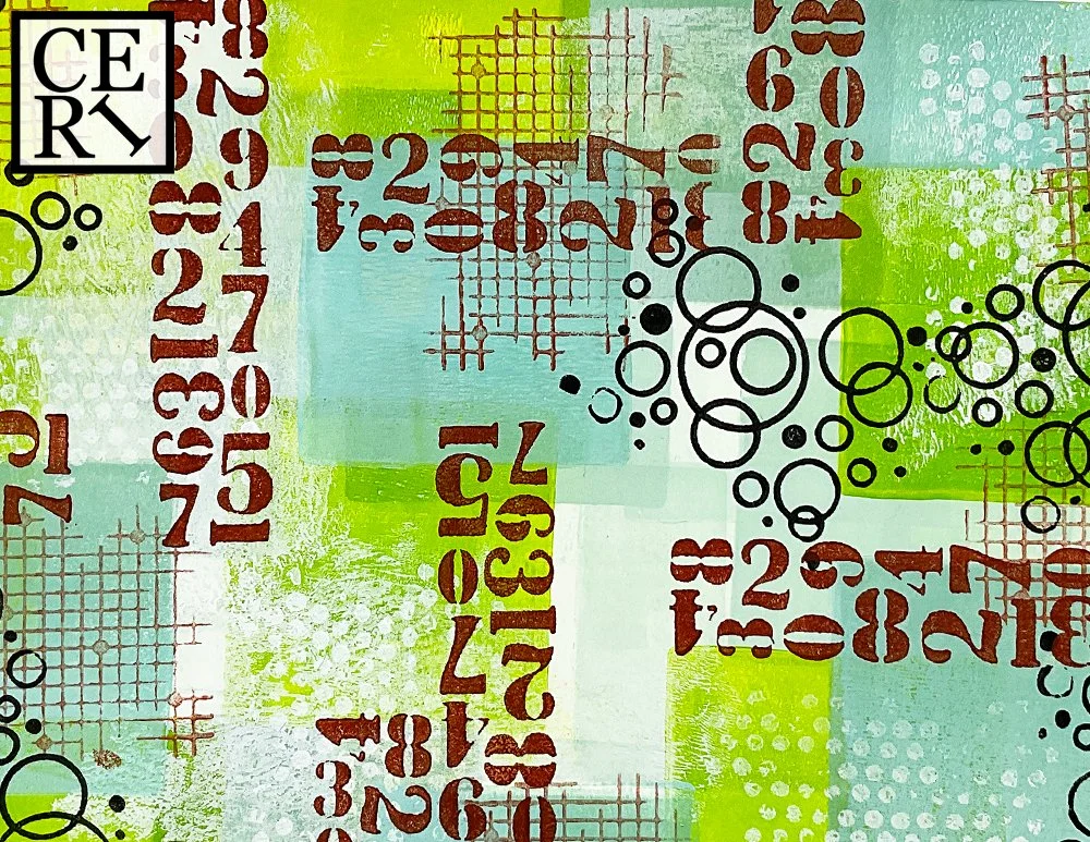 July 2023, Lime Green and Aqua and Red Iron Oxide with a mark making element of Numbers.