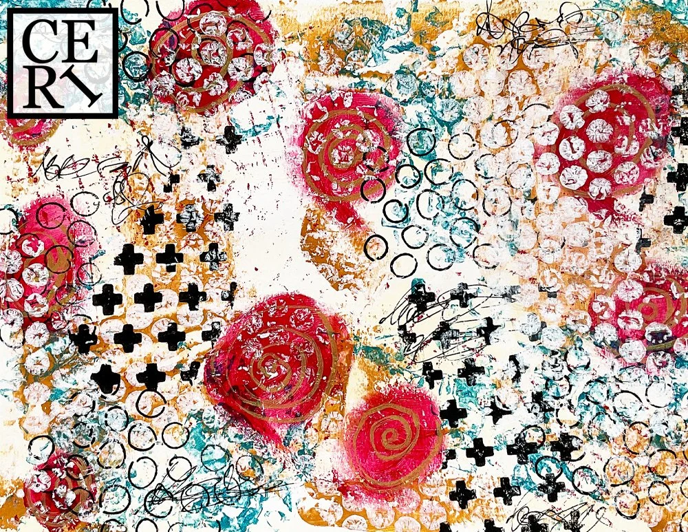 April 2024, "Cream, Magenta and Teal", with an added mark making Crosses