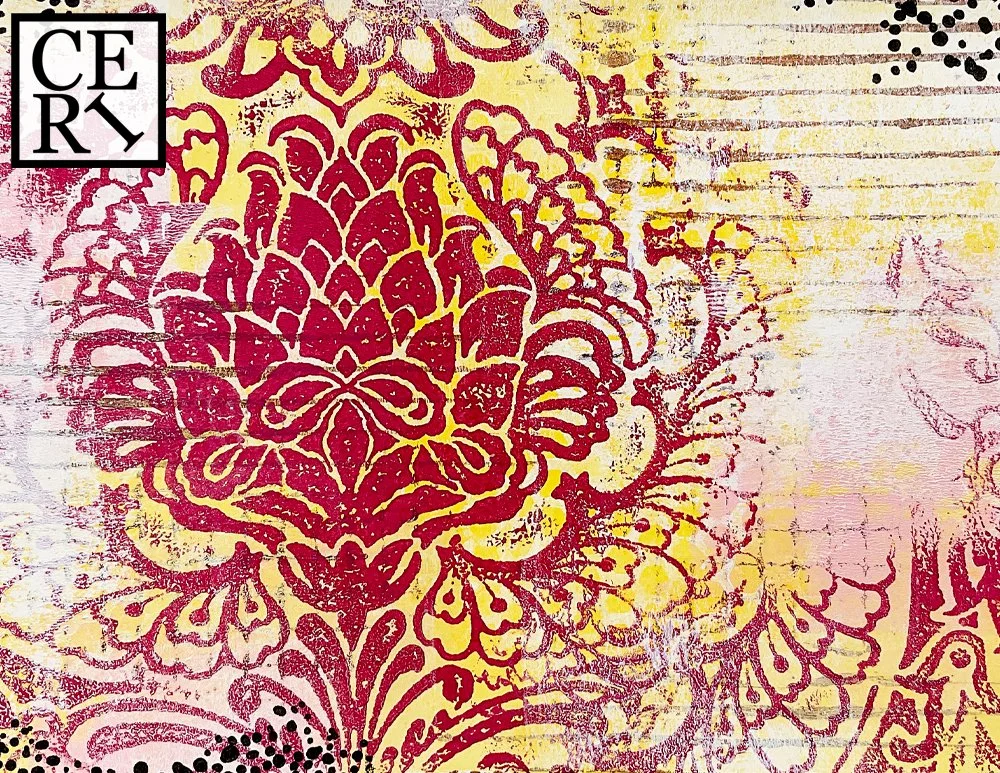 January 2024, "Pink, Yellow and Brown" with a mark making element of Lines.