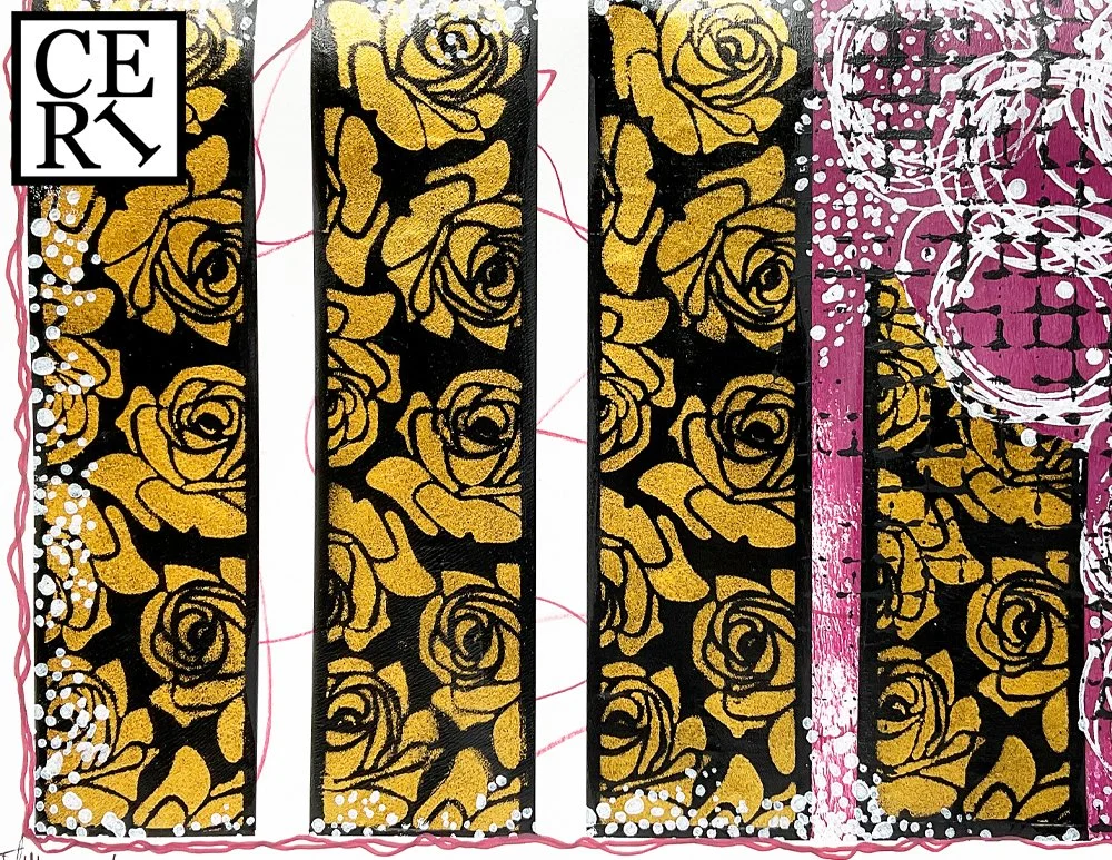 July 2026, "Jet Black, Brilliant White and Pomegranate" with a mark making element of Scribbles. 