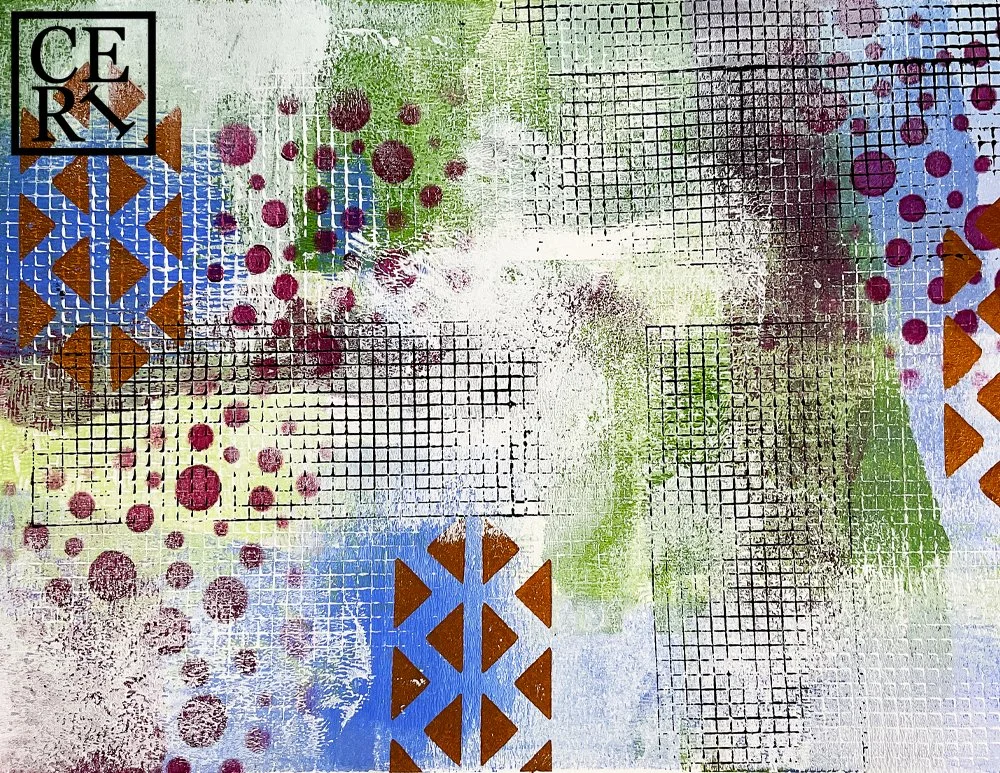 October 2022
Olive Green, Ice Blue and Purple Red with a mark making element of Triangles.