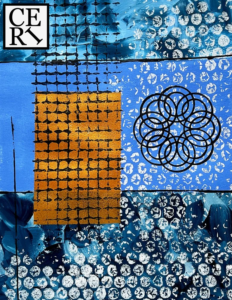 September 2026, "Pageant Blue, Sky Blue and Cornflower Blue" with a mark making element of Bubblewrap. 