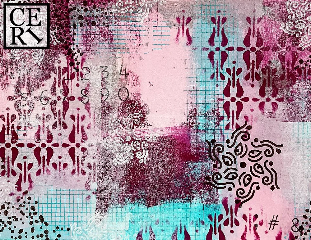 December 2022, Van Dyke Brown, Pink and Turquoise with a mark making element of Mystical Eye.