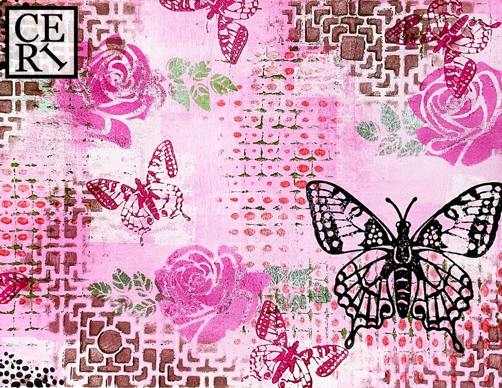 April 2023, Pink, Orange and Green with a mark making element of Butterflies.