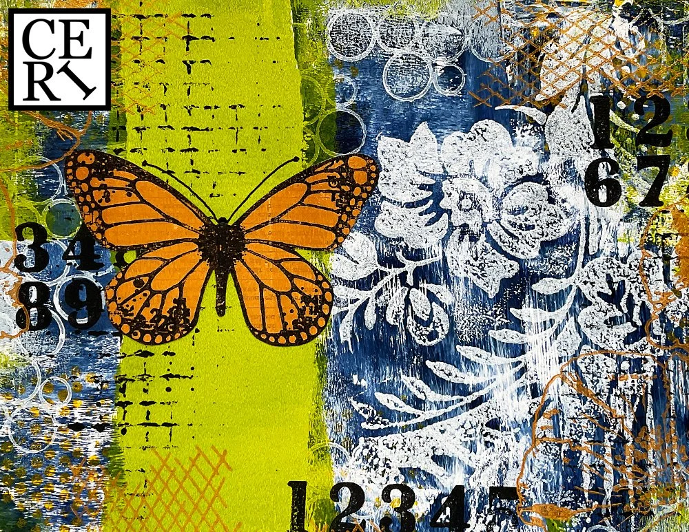 June 2024, "Indigo Blue, Green and Yellow", with an added mark making Weave. 