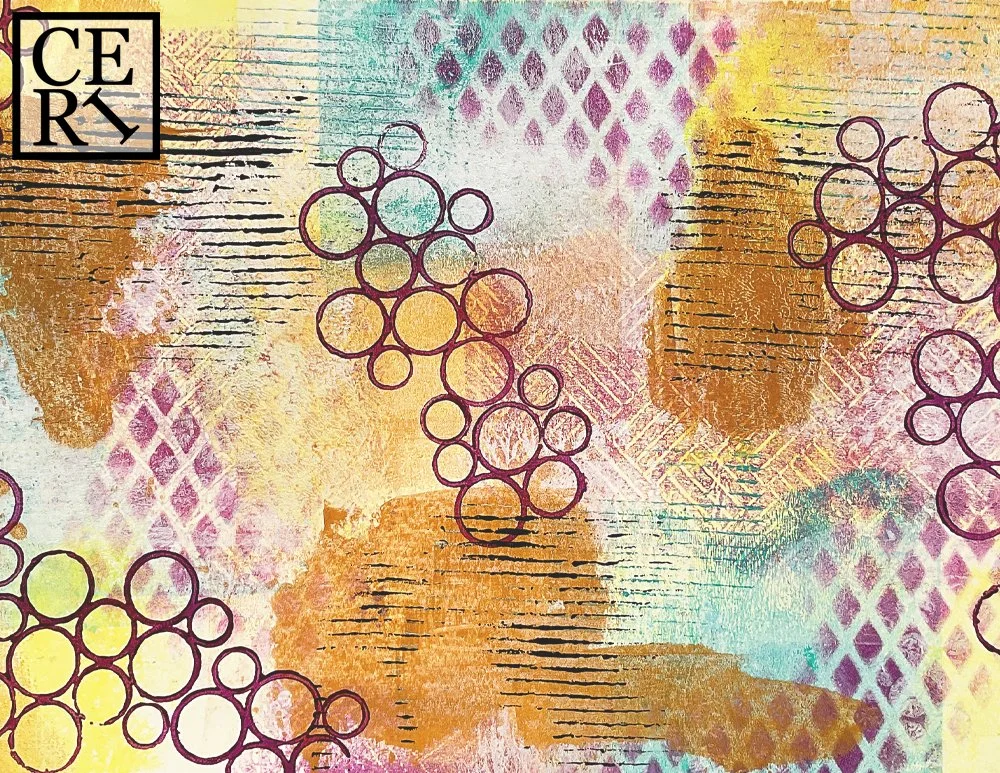 January 2023, Deep Purple, Turquoise and Pale Yellow with a mark making element of Circles
