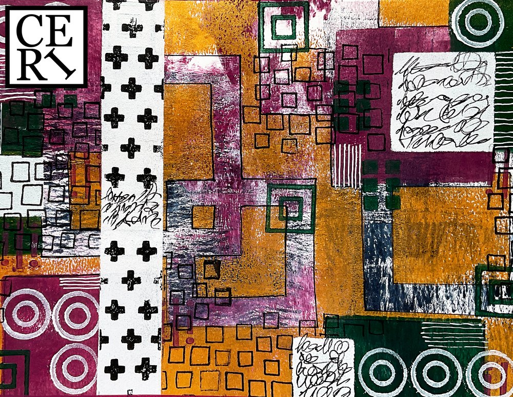 May 2025, "Italian Plum, Aventurine and Paynes Grey", with a mark making element: Squares.