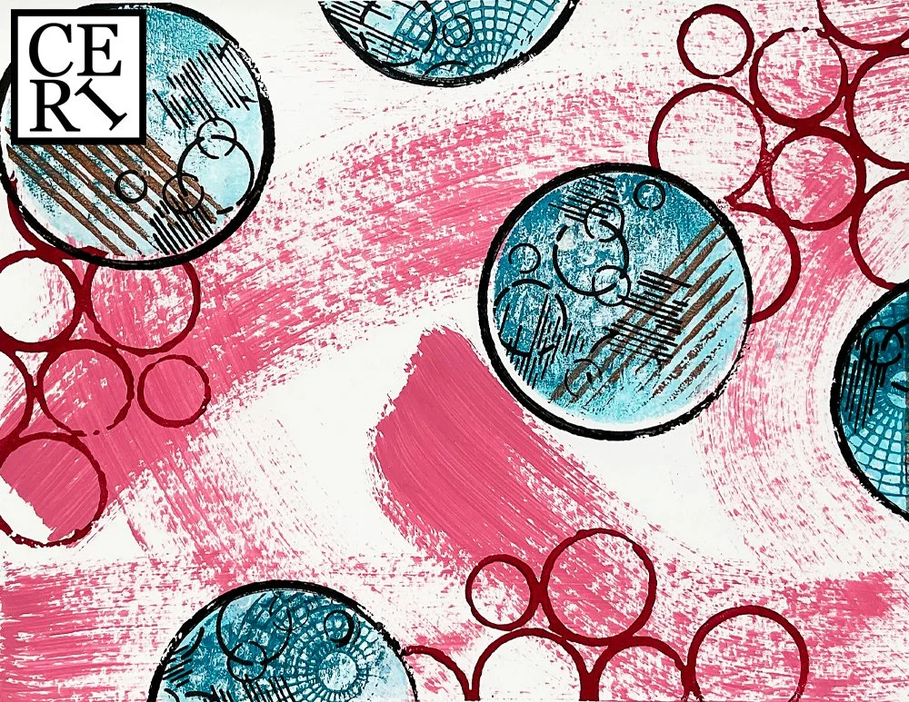 March 2025, "Chateaux Rose, Teal and Antique Bronze", with a mark making element: Brush Marks.