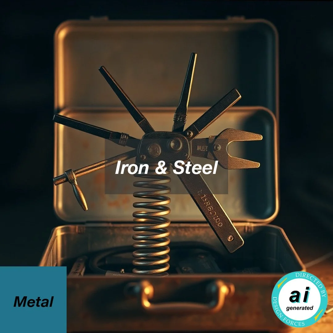 Iron &amp; Steel

Characteristics 🔍 
Iron is malleable, ductile, hard, strong, magnetic and able to transfer heat. Alloyed with certain levels of carbon, iron becomes steel that is harder, stronger, more durable, and resistant to corrosion.
The colo