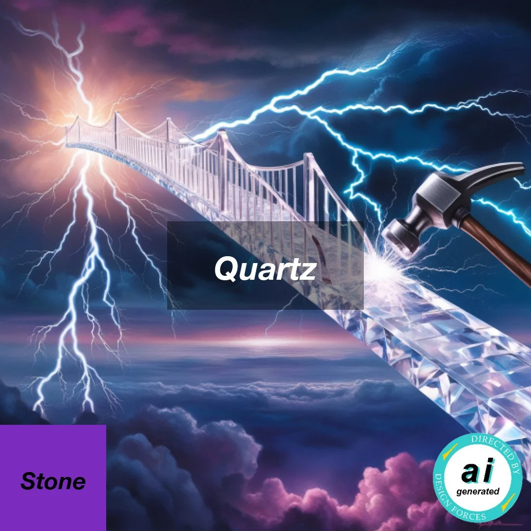 Quartz

Characteristics 🔍 
A naturally occurring mineral, renowned for hardness, durability, resistance to chemical weathering, and heat. Its crystalline structure can generate an electrical charge when subjected to mechanical stress, thus bridging 