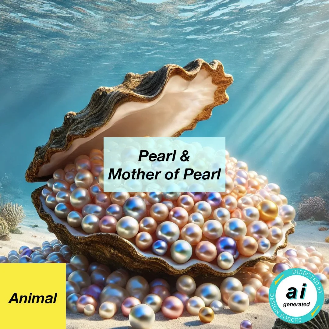 Pearl and Mother of Pearl

Characteristics 🦪🔍 
The iridescent material nacre, layered around an external irritant, such as a sand grain, within a shellfish.
Naturally this is rare, whereas cultivated pearls are encouraged through human implantation