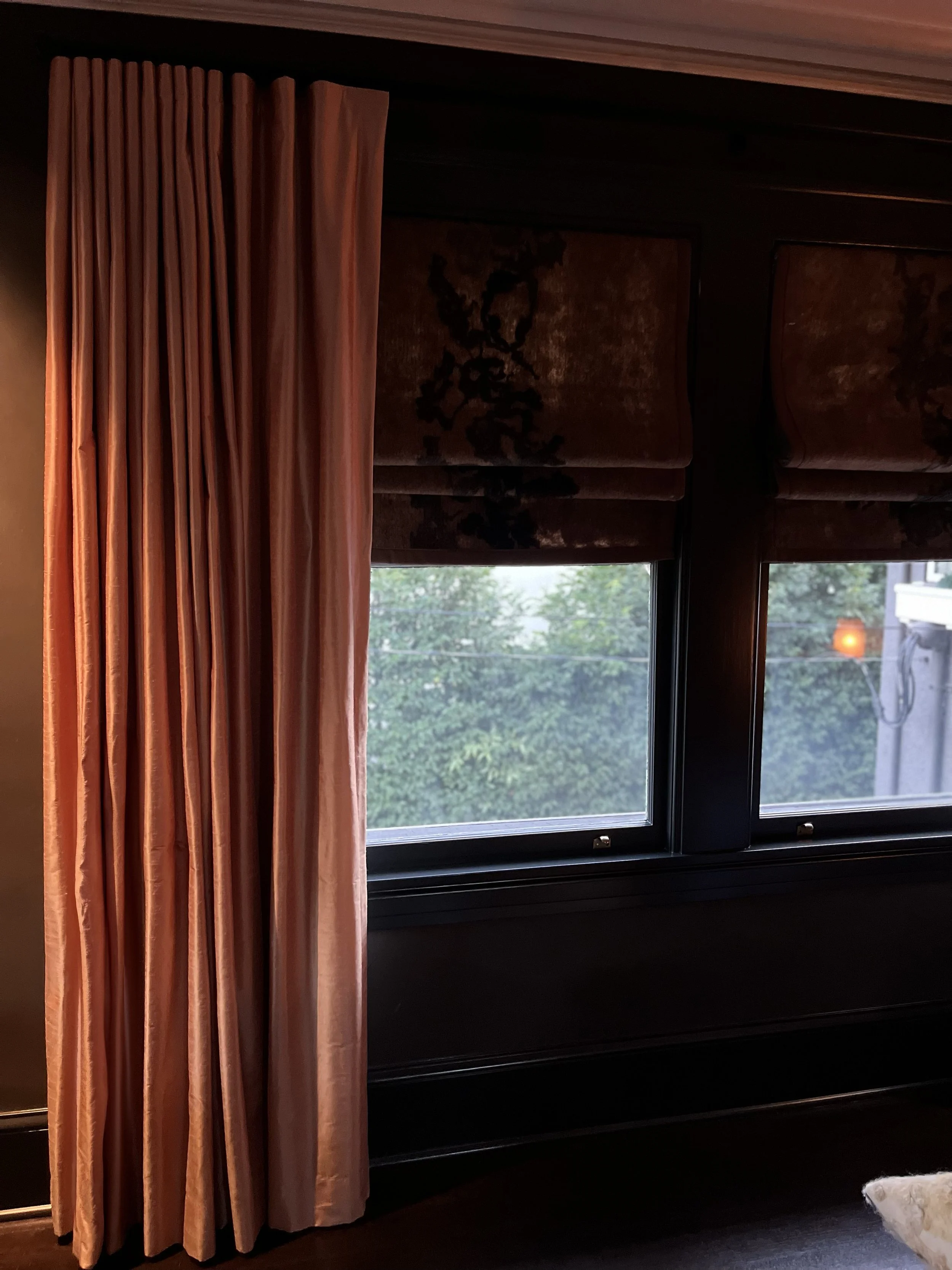 Silk drapes, wool shades.