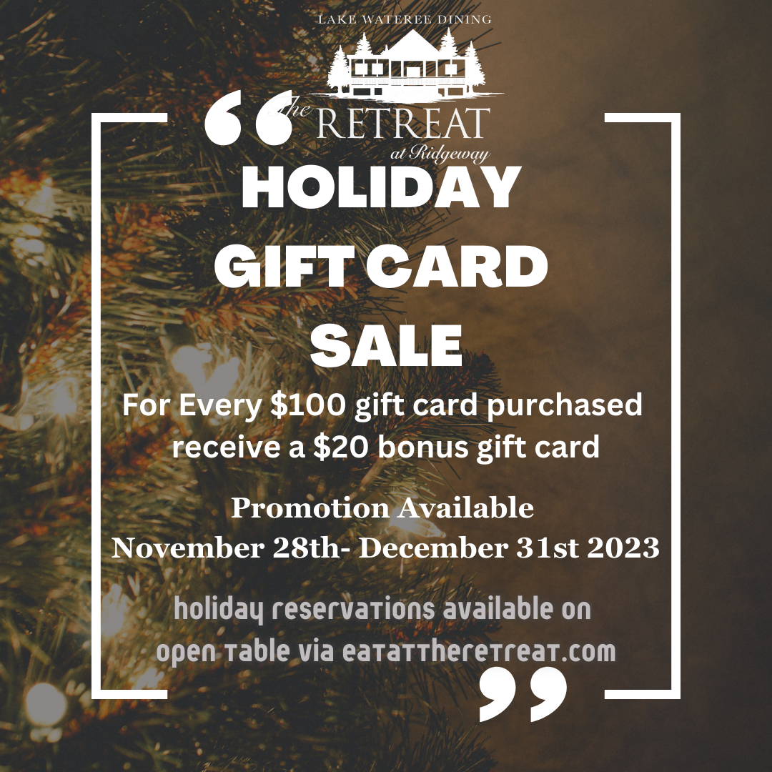 Holiday gift card sale poster with a Christmas tree background, announcing a promotion at Lake Wateree Dining with details about bonus gift cards for purchases made between November 28th and December 31st, 2023.