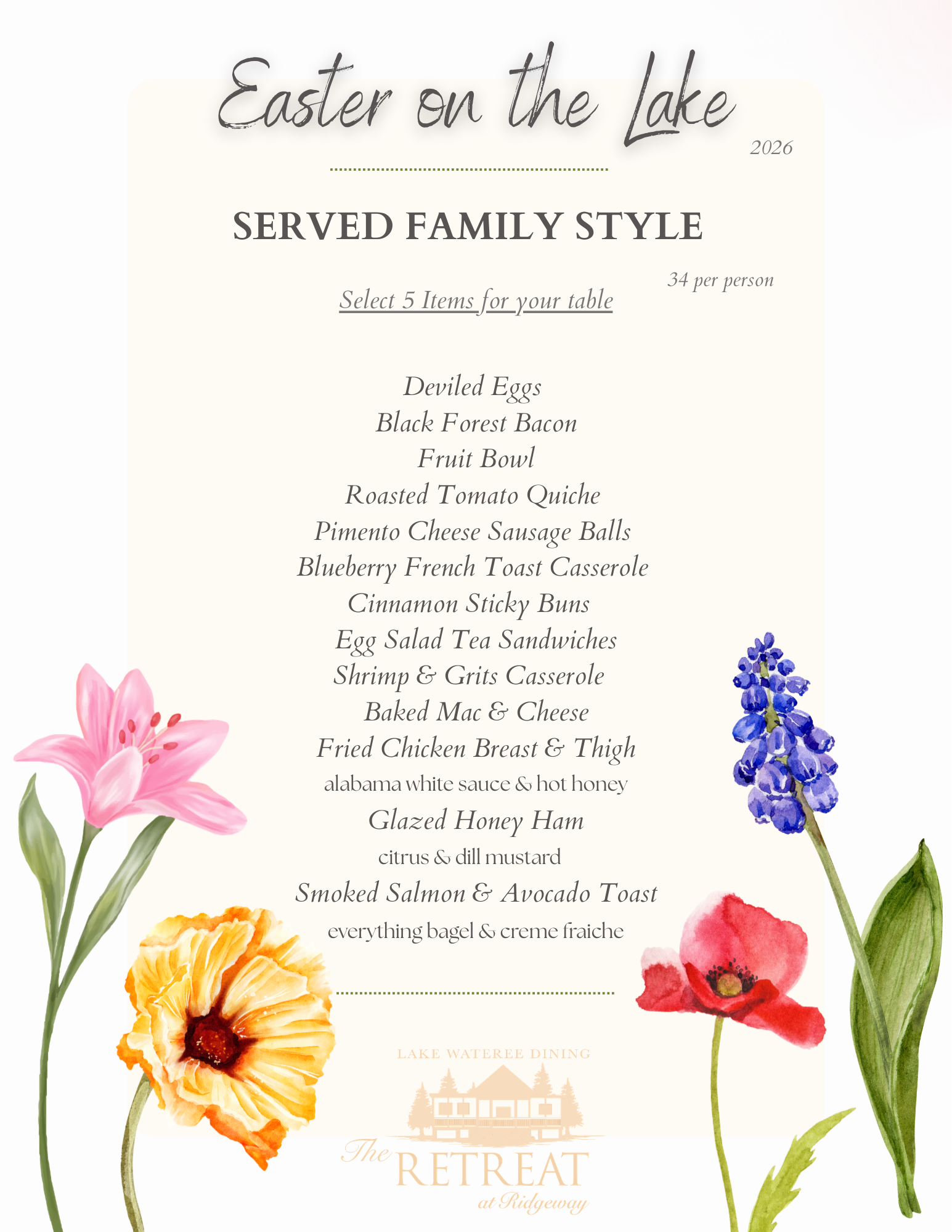 Easter on the Lake menu with floral illustrations, offering a family-style meal for 34 per person, including deviled eggs, bacon, fruit bowl, tomato quiche, sausage balls, blueberry French toast casserole, sticky buns, egg salad sandwiches, shrimp and grits casserole, baked mac and cheese, fried chicken, ham, smoked salmon with avocado toast, and bagel with creme fraiche