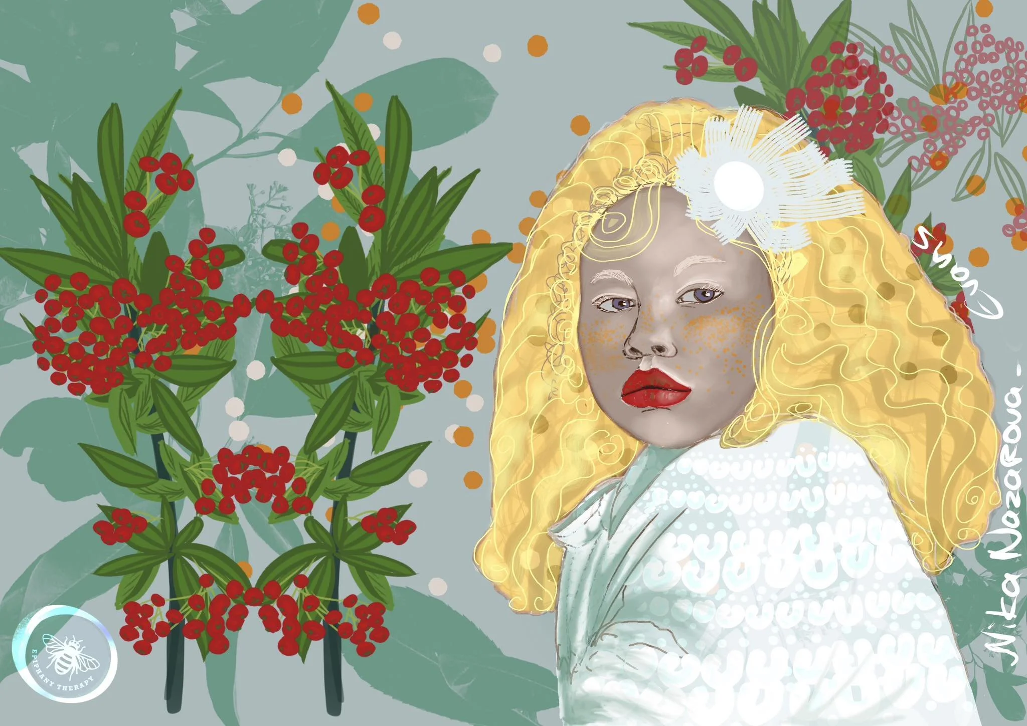 longing for someone - Nika Nazarova-Evans art - young blonde woman with red berries