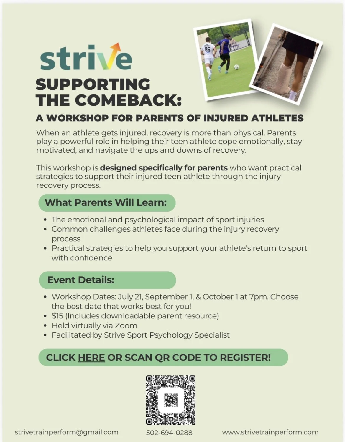 Supporting The Comeback: A Workshop for Parents of Injured Athletes ($15, multiple dates offered)