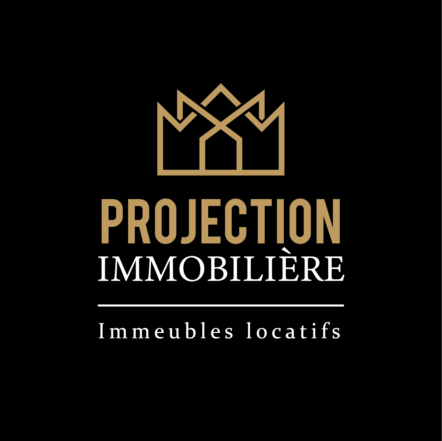 Logo de Projection Immobilière en or sur fond noir - Symbole de notre engagement envers l'excellence et le professionnalisme dans l'immobilier.