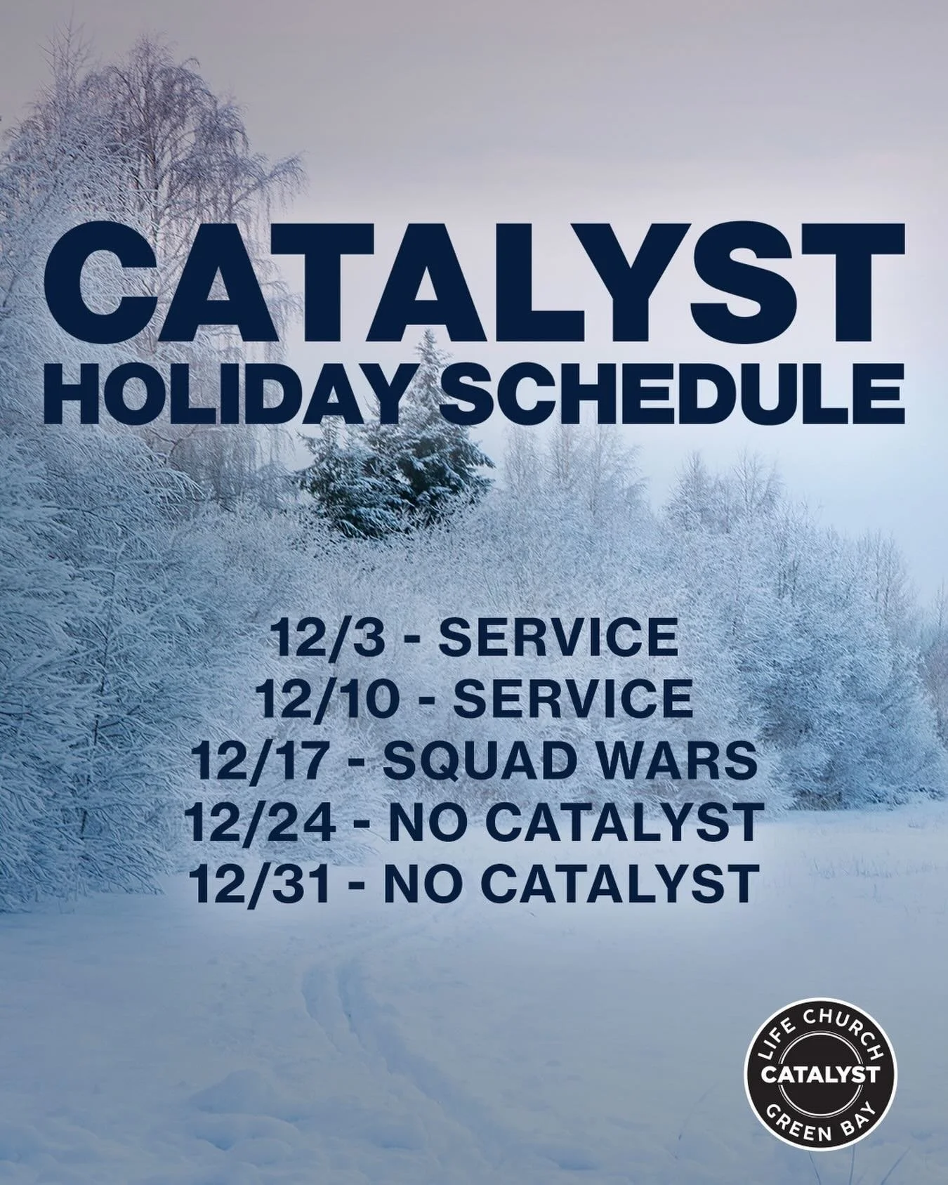 Here&rsquo;s the remainder of the Catalyst holiday schedule! Squad Wars is happening TONIGHT as the last Catalyst meet up until January! 

You won&rsquo;t want to miss this!
