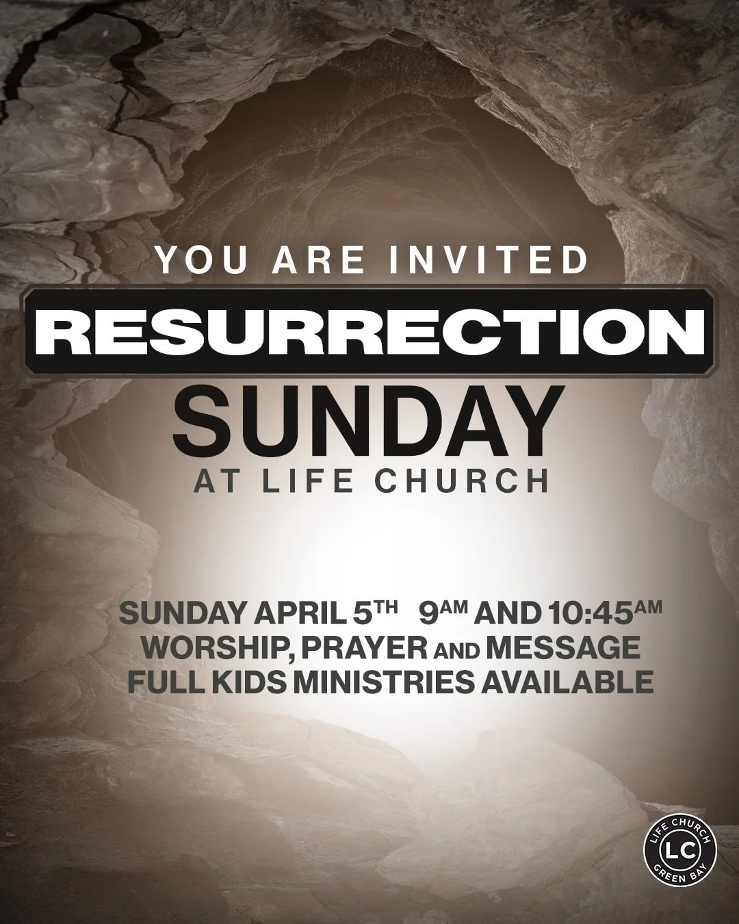 You&rsquo;re invited to church! ⛪️ 🌷

Resurrection Sunday is April 5th and we will be having service at Life Church Green Bay at 9am and 10:45am. 

Kids will be having a fun egg hunt during church service in KIDS as well as a message and worship. 

