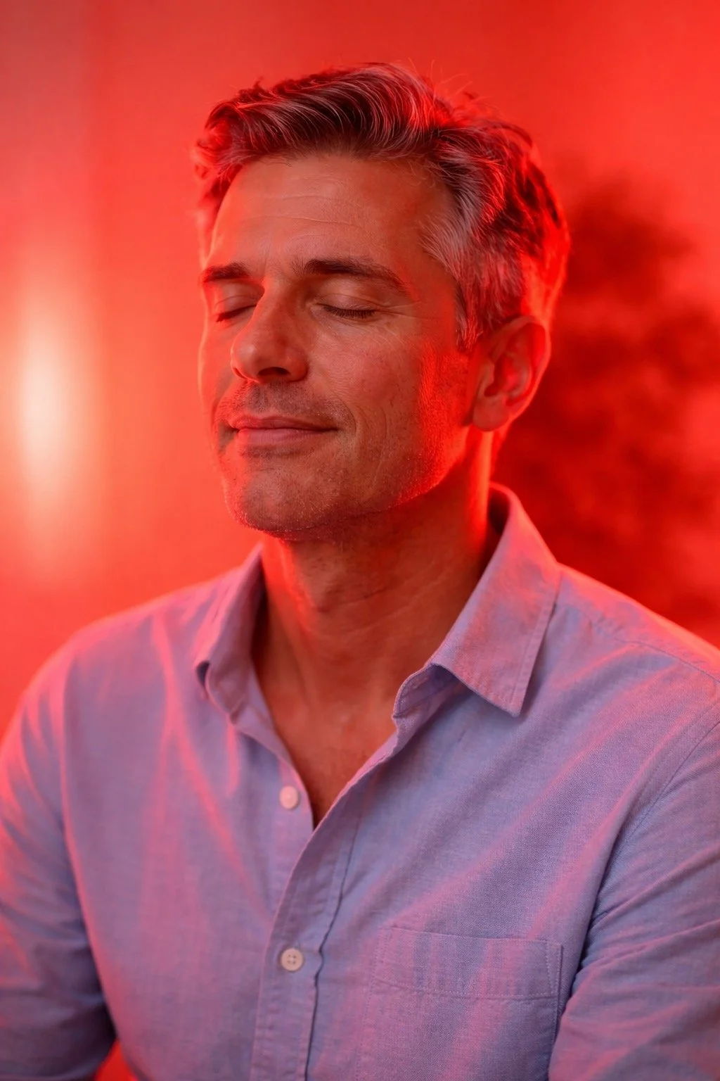 Woman meditating in a bedroom, sitting cross-legged on a black yoga mat. She is wearing white pajamas, with arms extended outward. A small round table with a glowing lamp and a plant is nearby, next to a bed and a decorative mirror.