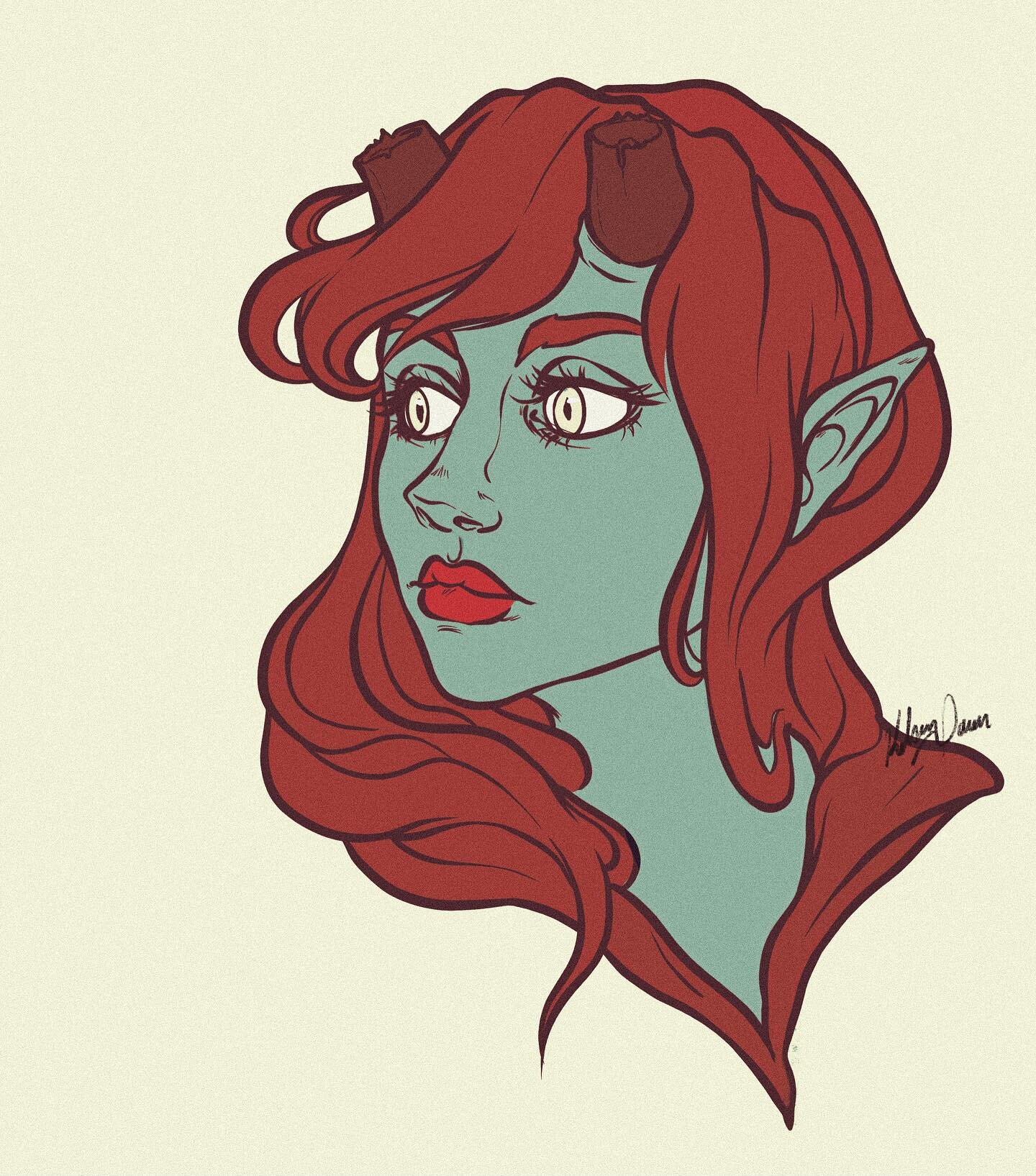 A variation on my tiefling in my latest D&amp;D campaign.  She actually has pink skin and purple hair but I just love this colour combo. 
#dungeonsanddragons #d&amp;d #tiefling #tieflingart #artwork #doodle #sketch #draw #illustrator #illustratorsoni