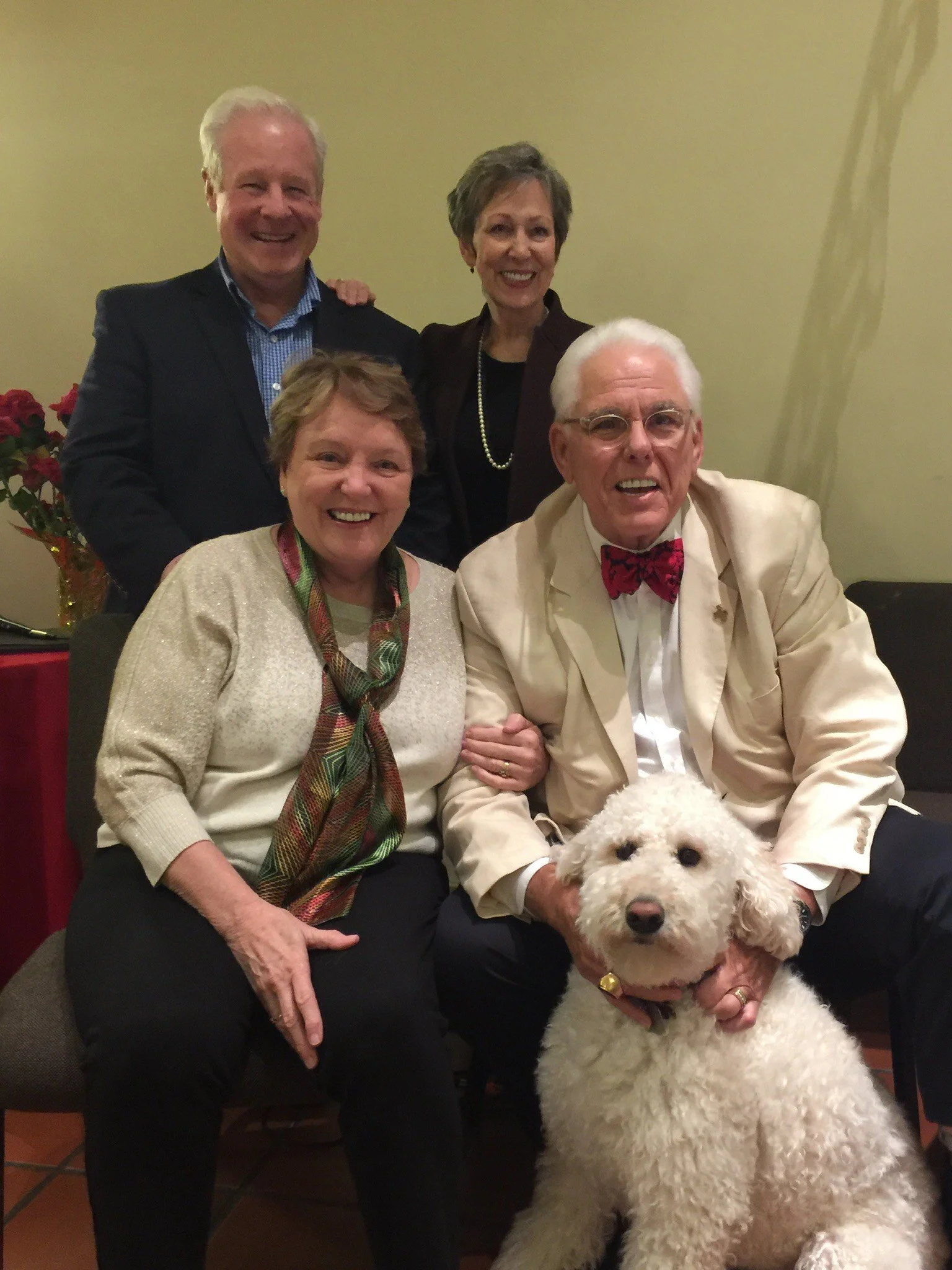 J Jon Bruno with his wife Mary, the Tumiltys, and their dog Ellie