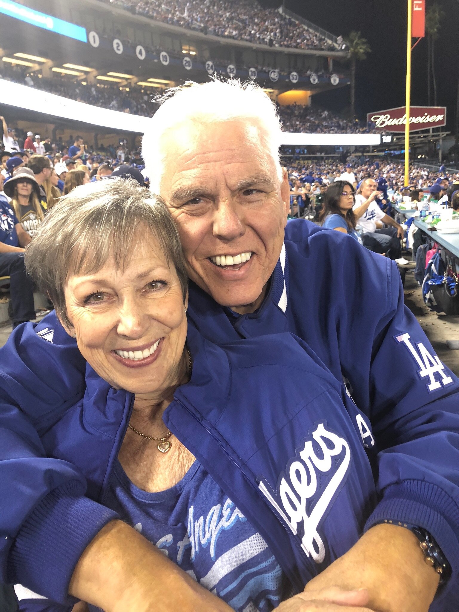 J Jon Bruno with his beloved wife Mary at an LA Dodgers game