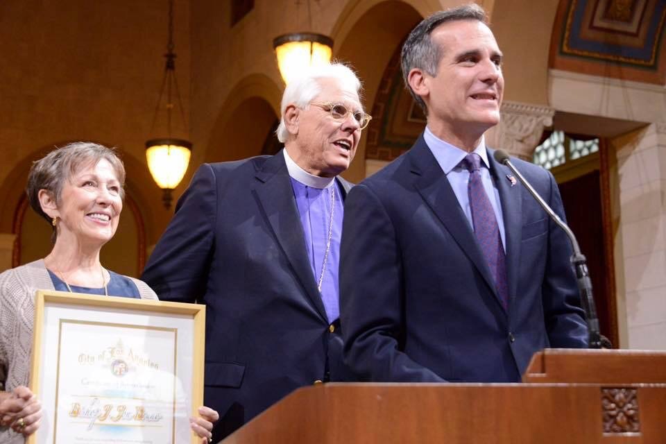 Rt. Rev. Bruno with his wife Mary and the Hon. 
Eric Garcetti