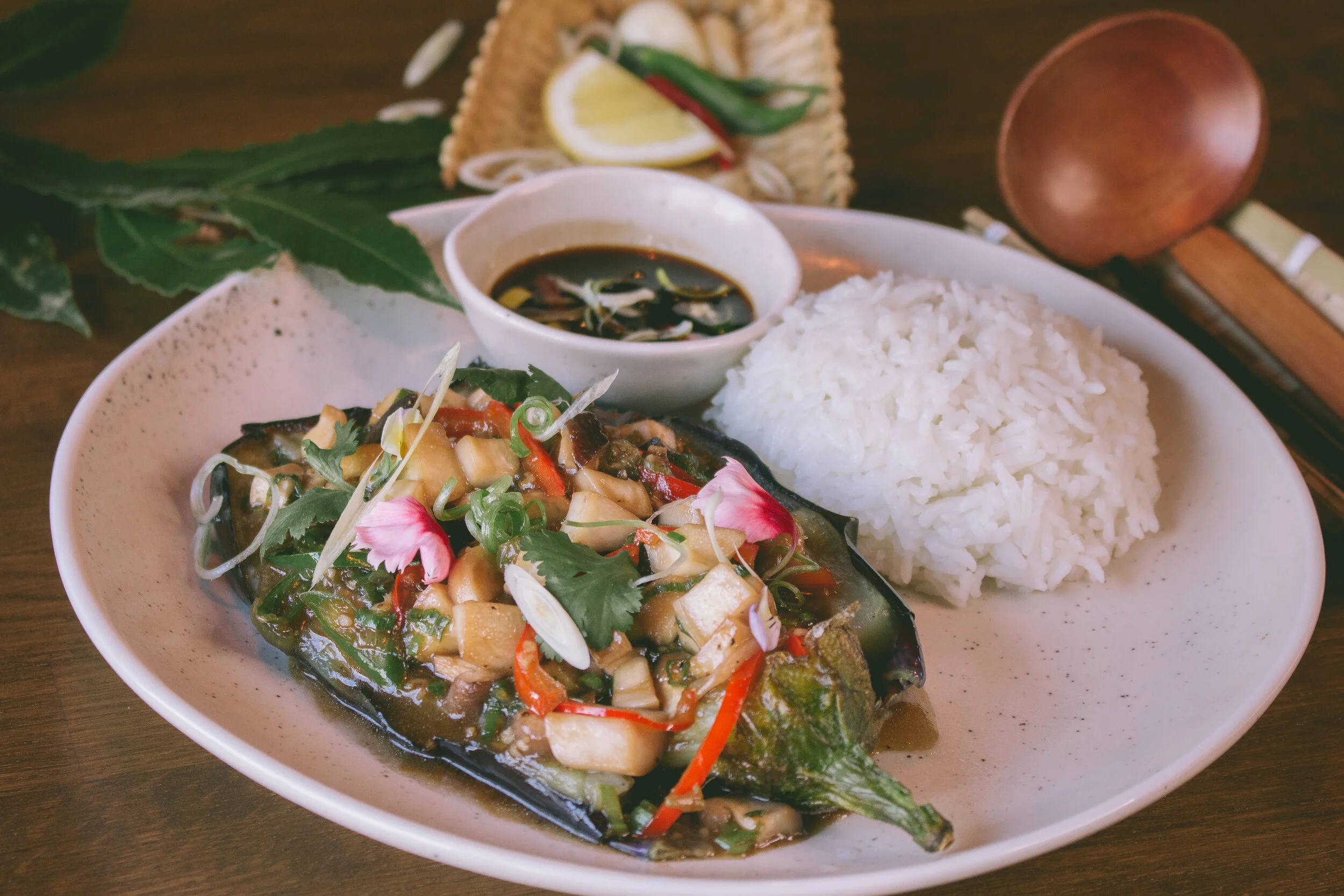Grilled aubergine, chicken mushroom, deep fried tofu in homemade vegan sauce