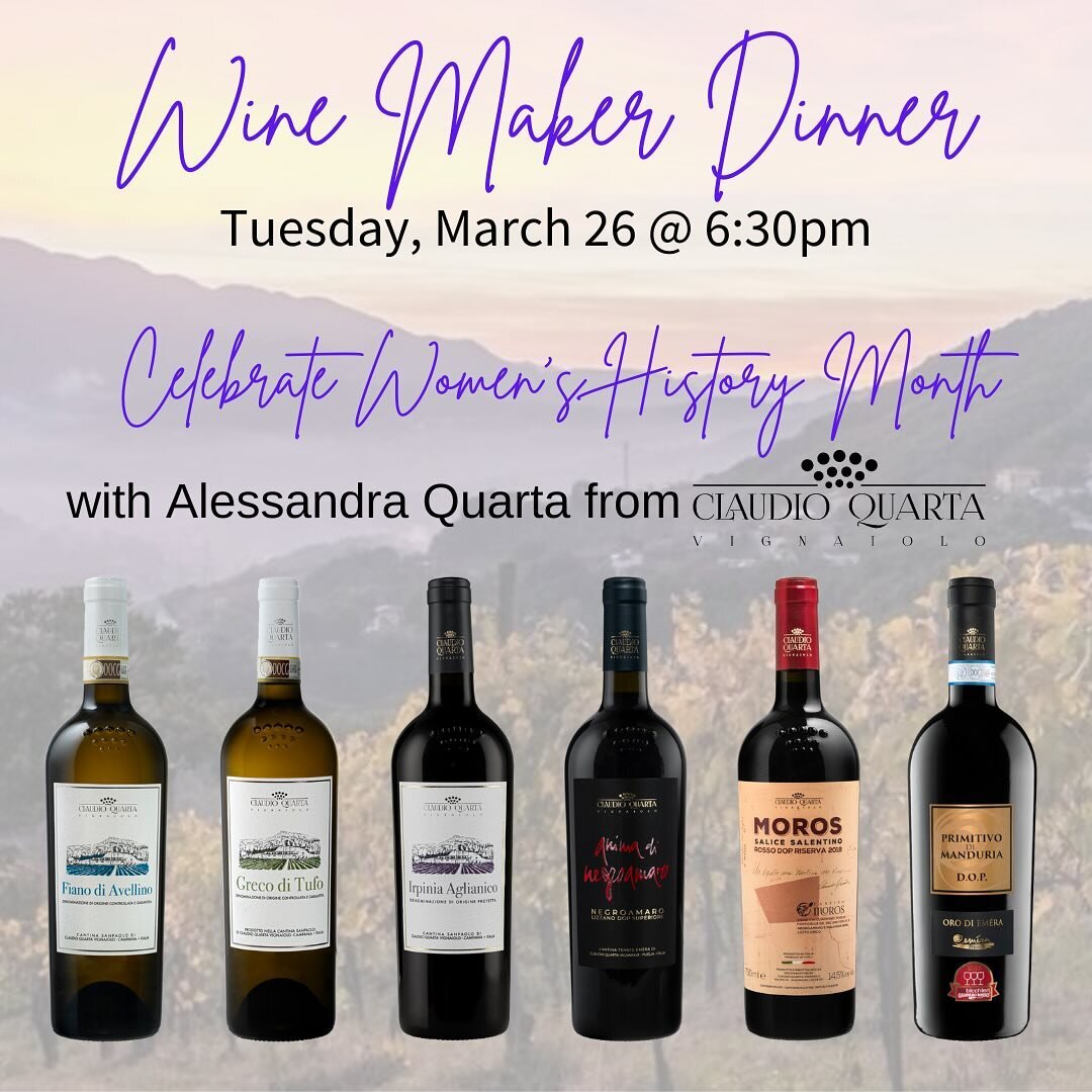 Tickets are available now for our next wine dinner Tuesday, March 26, with Alessandra Quarta from Claudio Quarta Vignaiolo. What a great way to celebrate Women&rsquo;s History Month with a female winemaker, enjoying delicious Italian wines, and food 