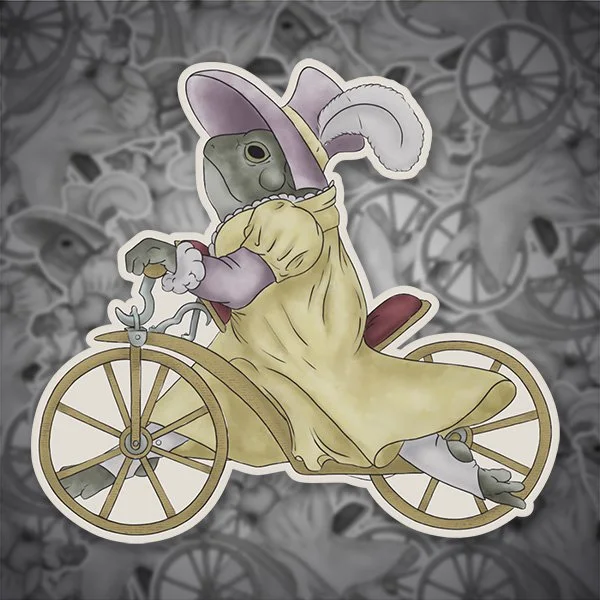 Cottagecore Regency Toad Lady in a Fancy Dress on Old-Fashioned Bicycle Vinyl Sticker figmentpudding Cottagecore Regency Toad Lady in a Fancy Dress on Old-Fashioned Bicycle Vinyl Sticker figmentpudding