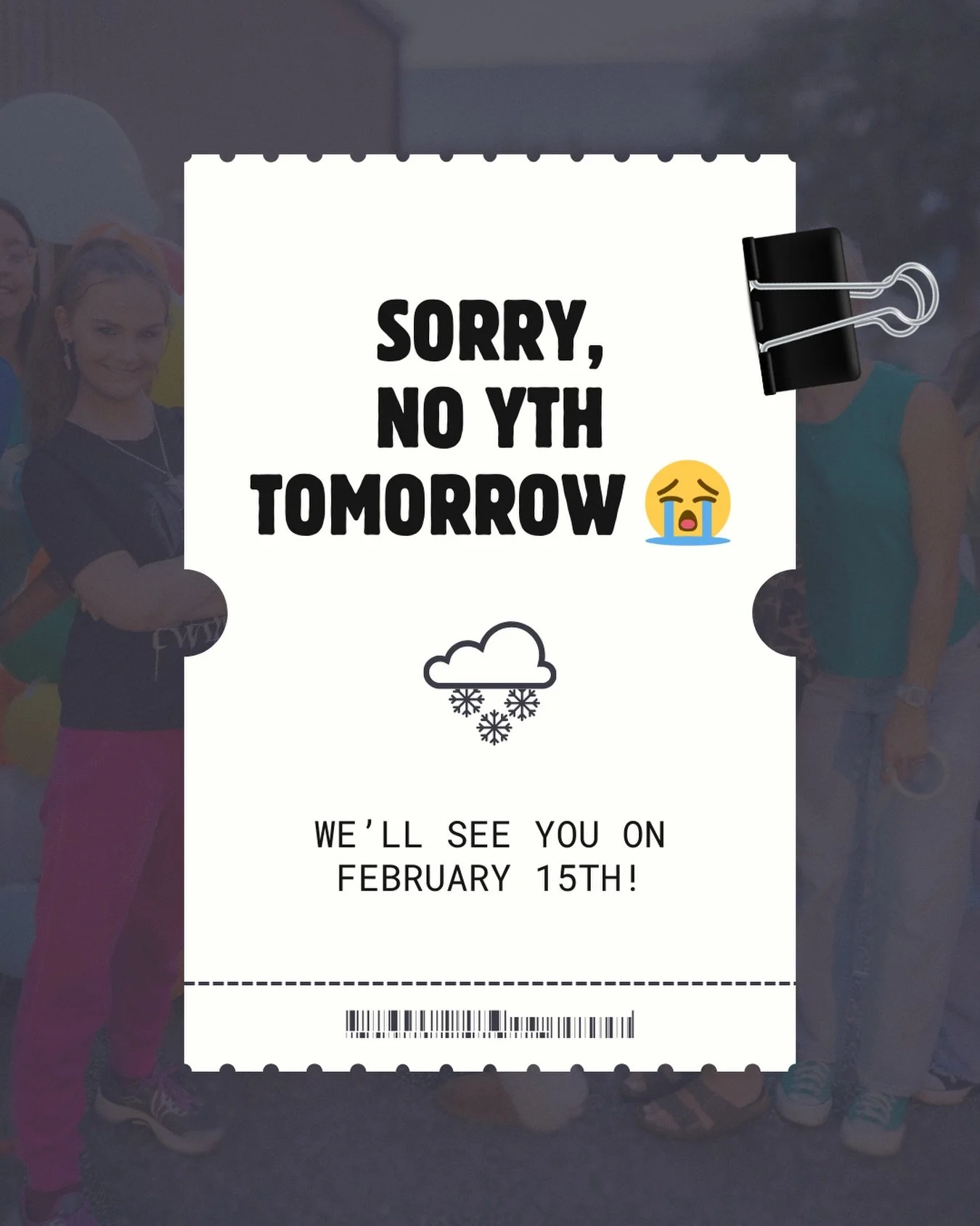 Due to the weather, we&rsquo;re canceling YTH tomorrow night. We hate missing time together, but we want everyone safe. Stay warm, stay home, and take some time to slow down with Jesus. We&rsquo;ll be back together soon 🤍❄️