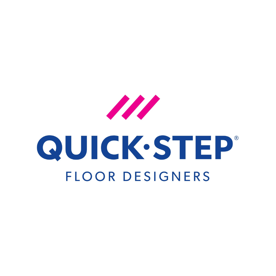 Quick-Step Floor Designers logo with pink and blue text and a stylized pink icon above the text.
