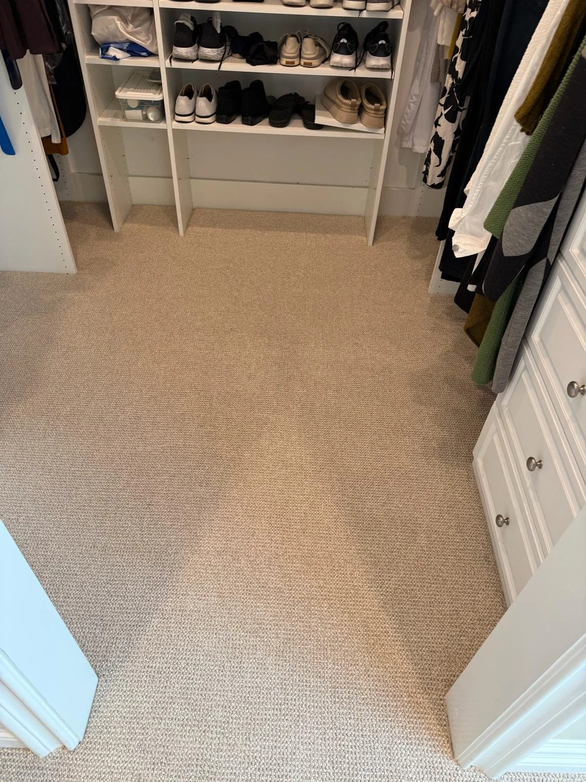 Empty walk-in closet with shelves of shoes, hanging clothes, and a white dresser.