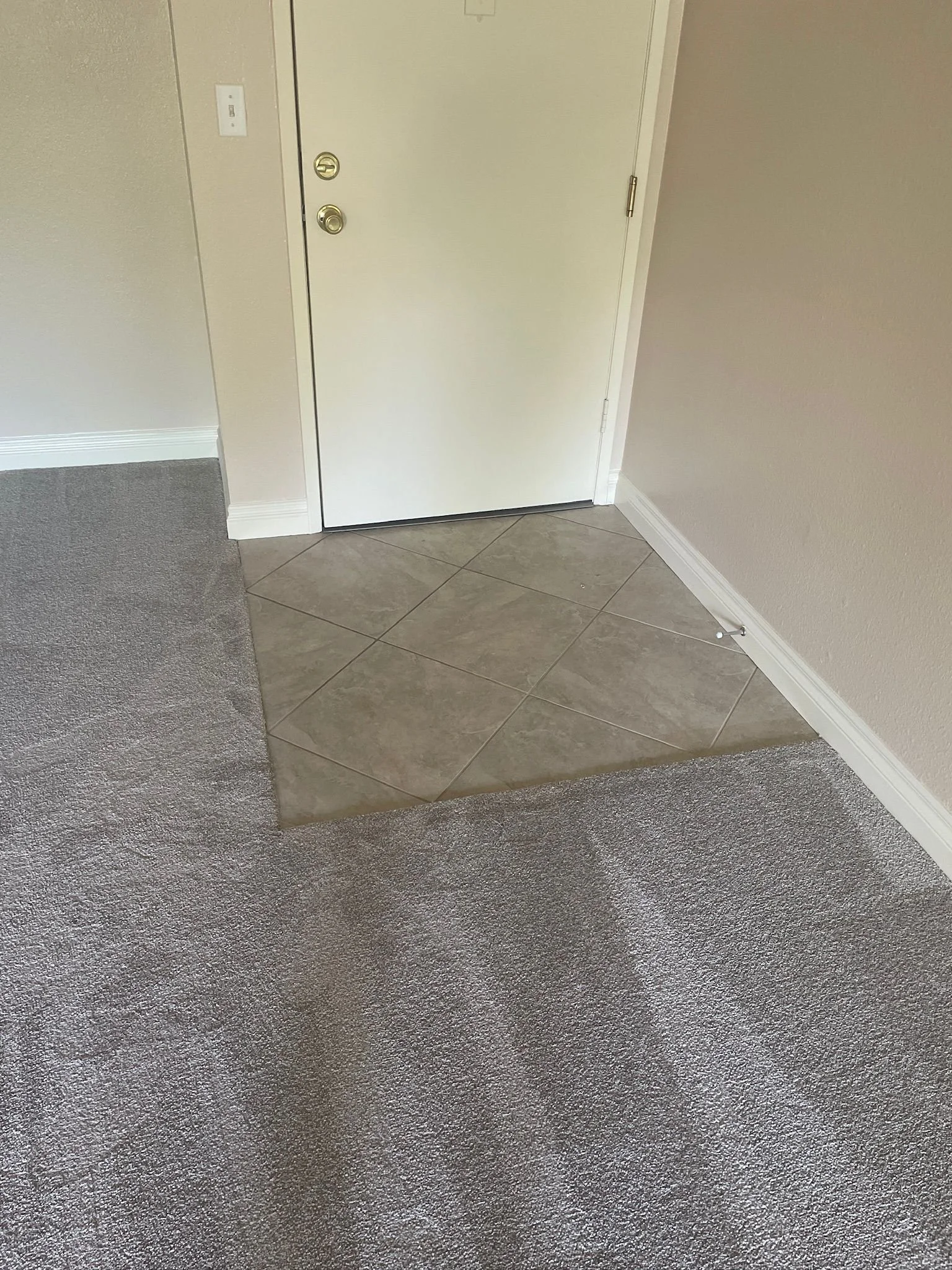 Interior view of an entryway with a white door, tan wall, beige carpet, and beige tiled flooring near the door.